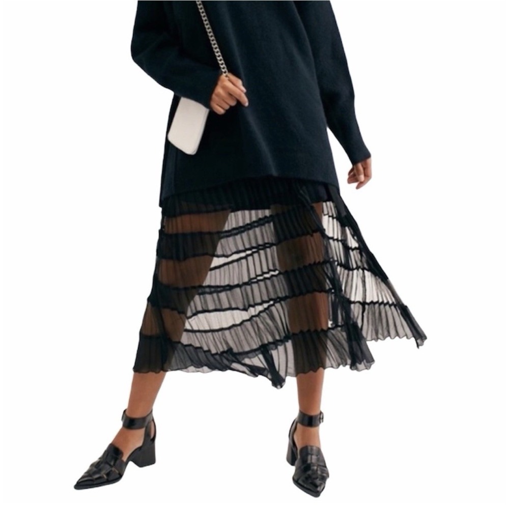 FREE PEOPLE BOWERY PLEATED SHEER HIGH WAIST MIDI SKIRT BLACL SZ M